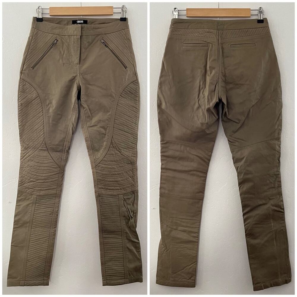 Asos 100% Genuine Leather Pants Women's Size 4 Tan Slim Leg Lined Moto Neutral